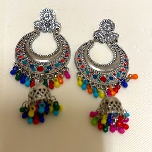 New Indian Bali wood silver artisan earrings with colorful beads  jewelry #585